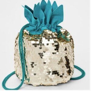 Cat & Jack Girls Pineapple Drawstring Mini Backpack with Gold Sequins Never Used